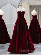 A-Line Long Sleeves Velvet Burgundy Long Evening Prom Dress, Burgundy Long Evening Dress with Beads