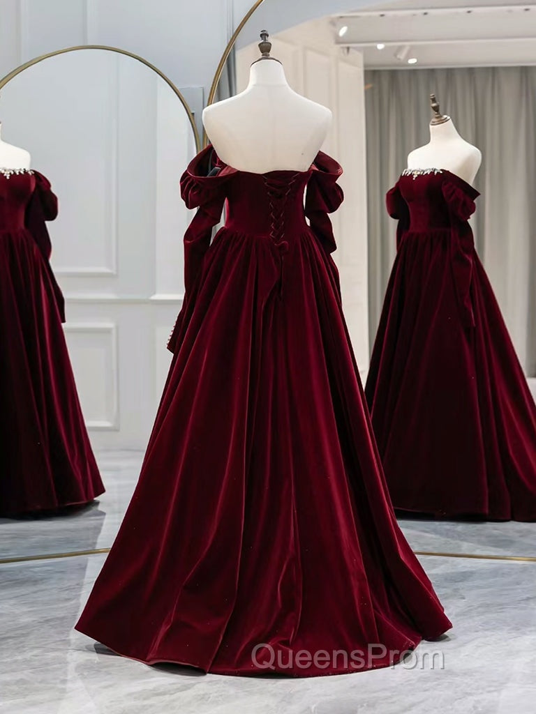 A-Line Long Sleeves Velvet Burgundy Long Evening Prom Dress, Burgundy Long Evening Dress with Beads