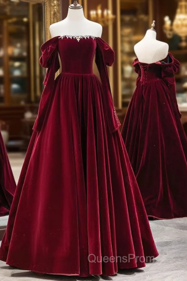 A-Line Long Sleeves Velvet Burgundy Long Evening Prom Dress, Burgundy Long Evening Dress with Beads Main image