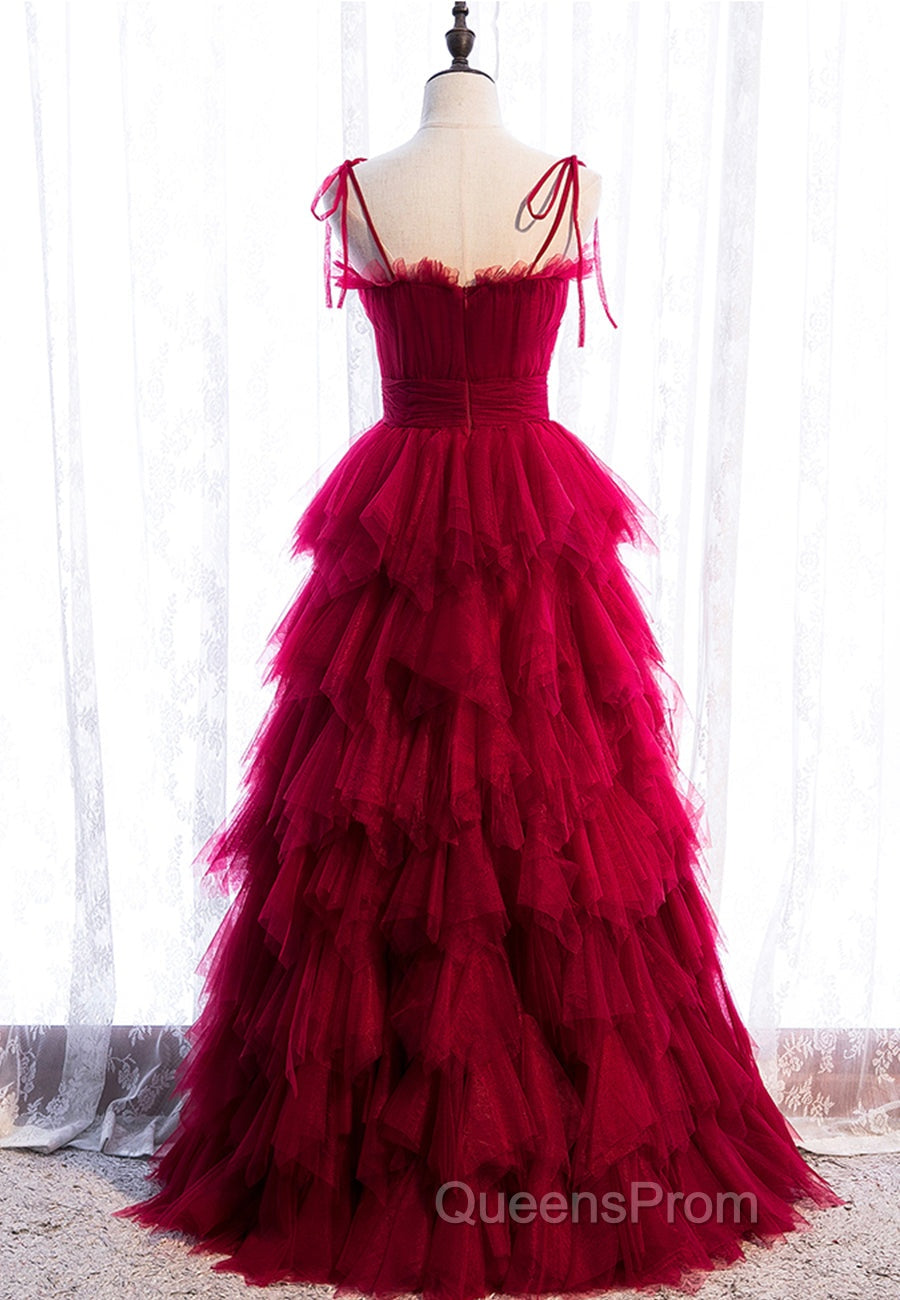 A-Line Long Spaghetti Strap Red Evening Prom Dress,Black Layers Tulle Evening Dress