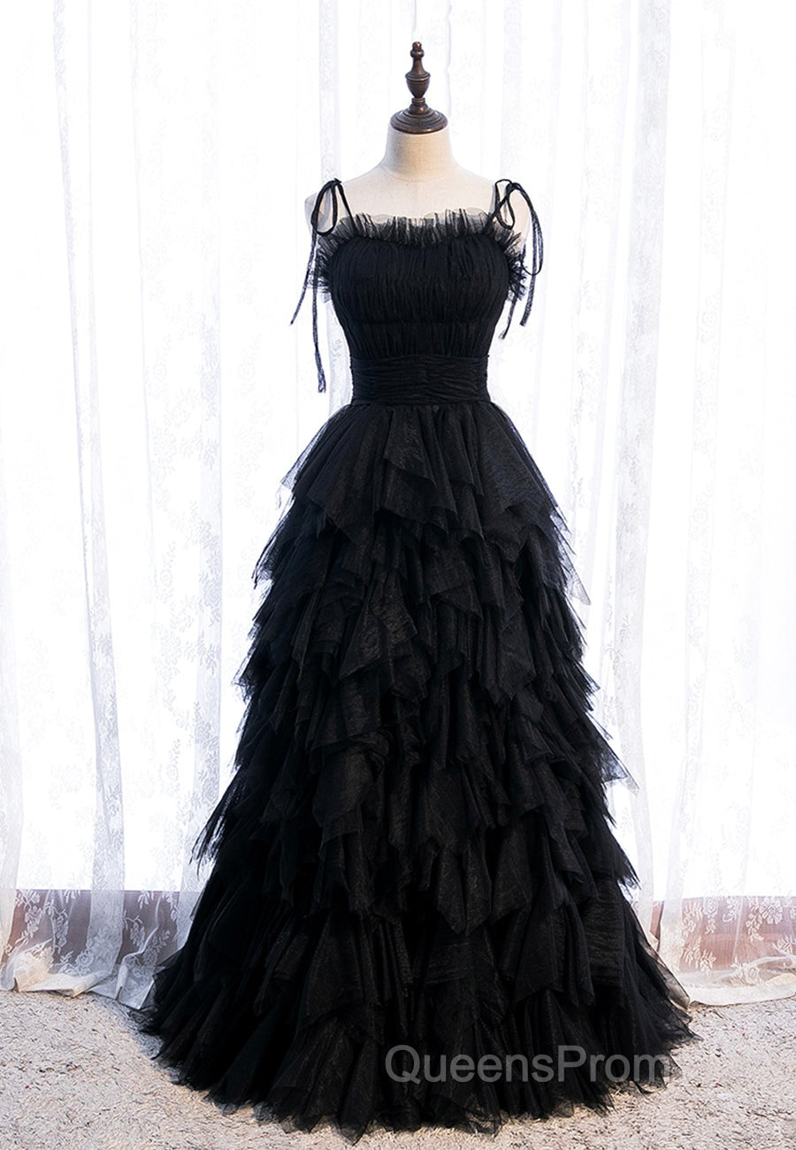 A-Line Long Spaghetti Strap Red Evening Prom Dress,Black Layers Tulle Evening Dress