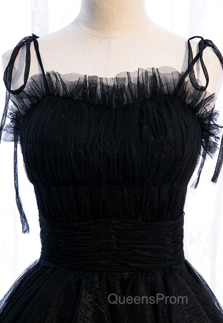 A-Line Long Spaghetti Strap Red Evening Prom Dress,Black Layers Tulle Evening Dress