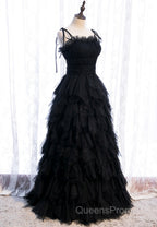 A-Line Long Spaghetti Strap Red Evening Prom Dress,Black Layers Tulle Evening Dress