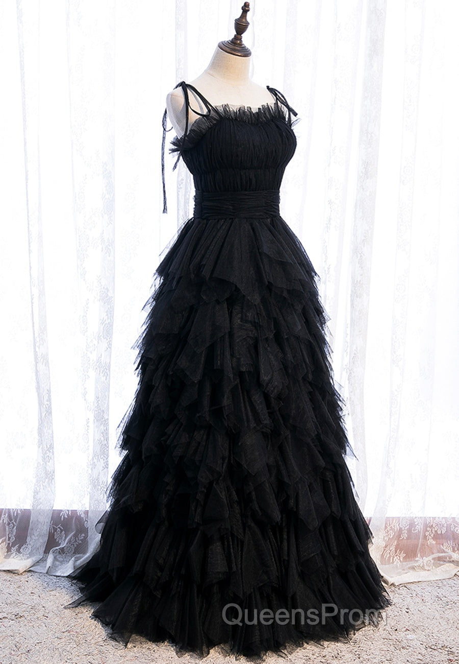 A-Line Long Spaghetti Strap Red Evening Prom Dress,Black Layers Tulle Evening Dress