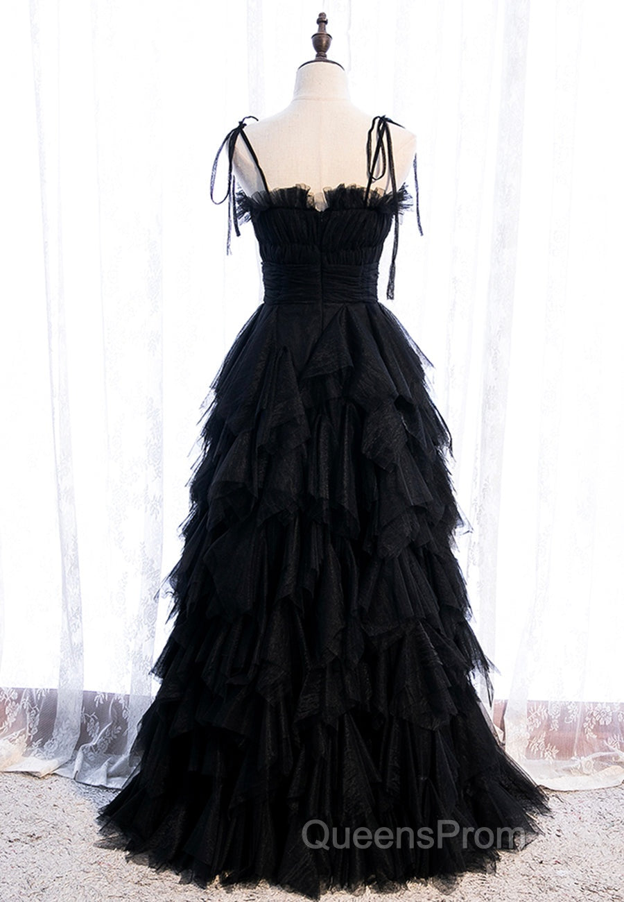 A-Line Long Spaghetti Strap Red Evening Prom Dress,Black Layers Tulle Evening Dress