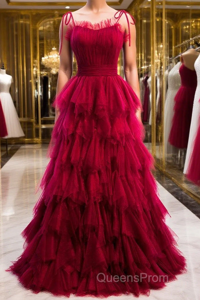 A-Line Long Spaghetti Strap Red Evening Prom Dress,Black Layers Tulle Evening Dress