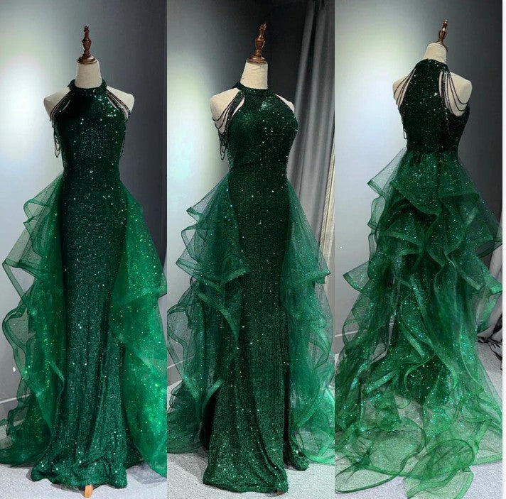 Elegant A-Line Halter Sparkly Sequins Long Classy Prom Dress Navy Blue Classy Evening Dress