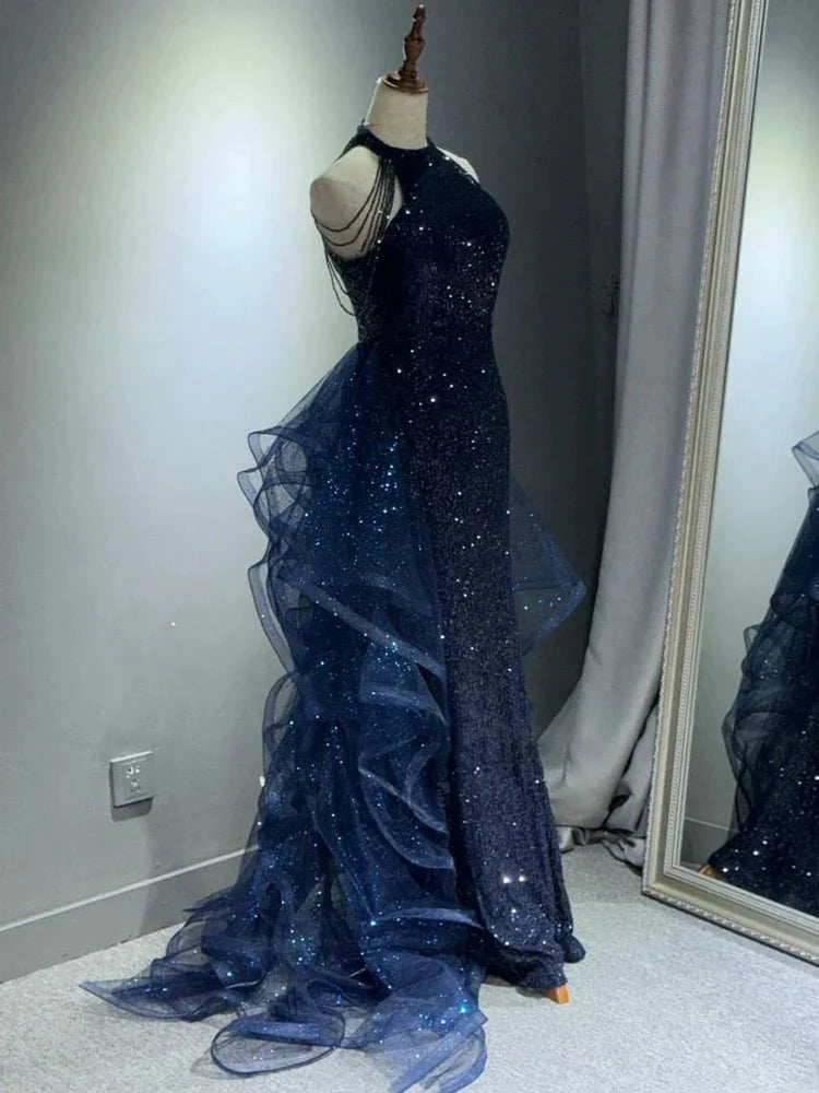 Elegant A-Line Halter Sparkly Sequins Long Classy Prom Dress Navy Blue Classy Evening Dress Secondary image
