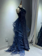Elegant A-Line Halter Sparkly Sequins Long Classy Prom Dress Navy Blue Classy Evening Dress