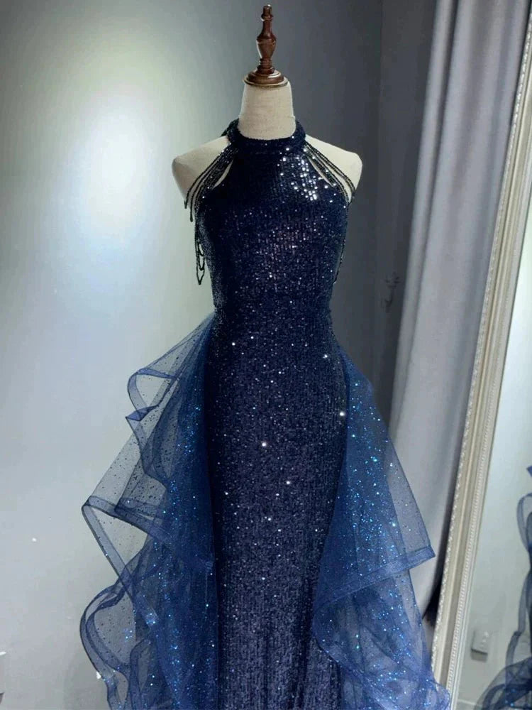 Elegant A-Line Halter Sparkly Sequins Long Classy Prom Dress Navy Blue Classy Evening Dress