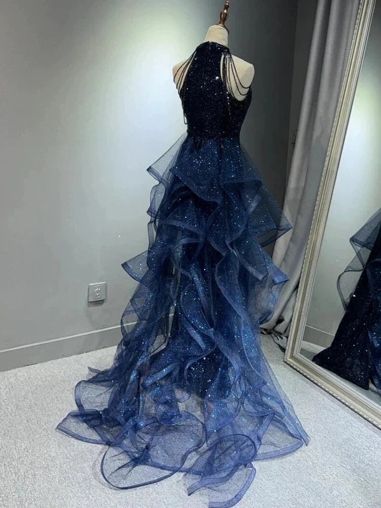 Elegant A-Line Halter Sparkly Sequins Long Classy Prom Dress Navy Blue Classy Evening Dress