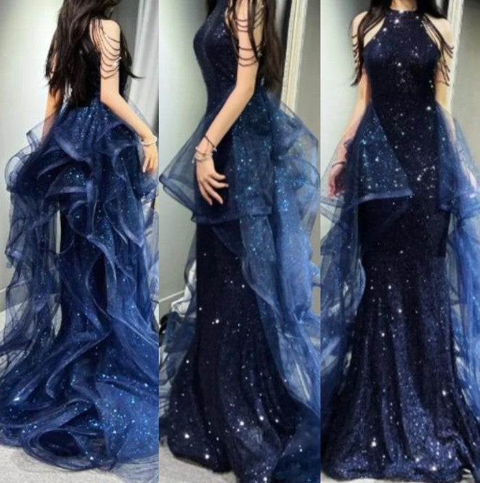 Elegant A-Line Halter Sparkly Sequins Long Classy Prom Dress Navy Blue Classy Evening Dress