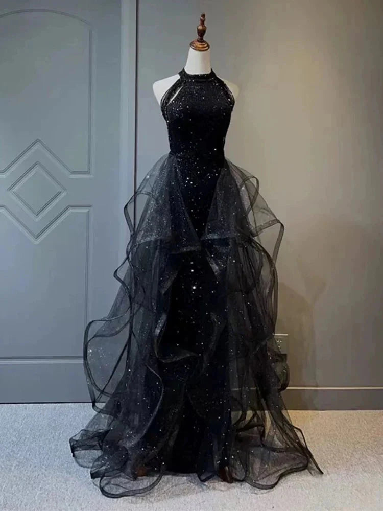 Elegant A-Line Halter Sparkly Sequins Long Classy Prom Dress Navy Blue Classy Evening Dress
