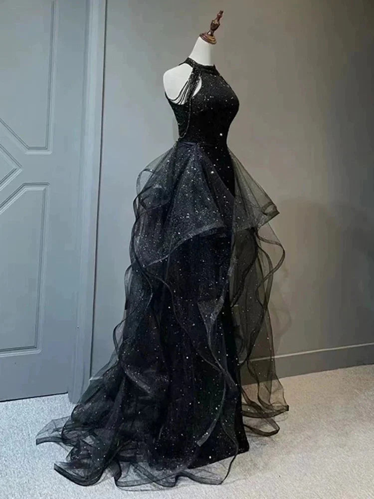 Elegant A-Line Halter Sparkly Sequins Long Classy Prom Dress Navy Blue Classy Evening Dress