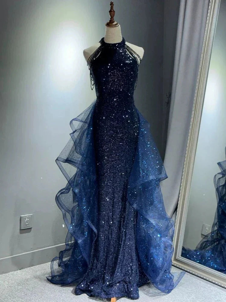 Elegant A-Line Halter Sparkly Sequins Long Classy Prom Dress Navy Blue Classy Evening Dress Main image