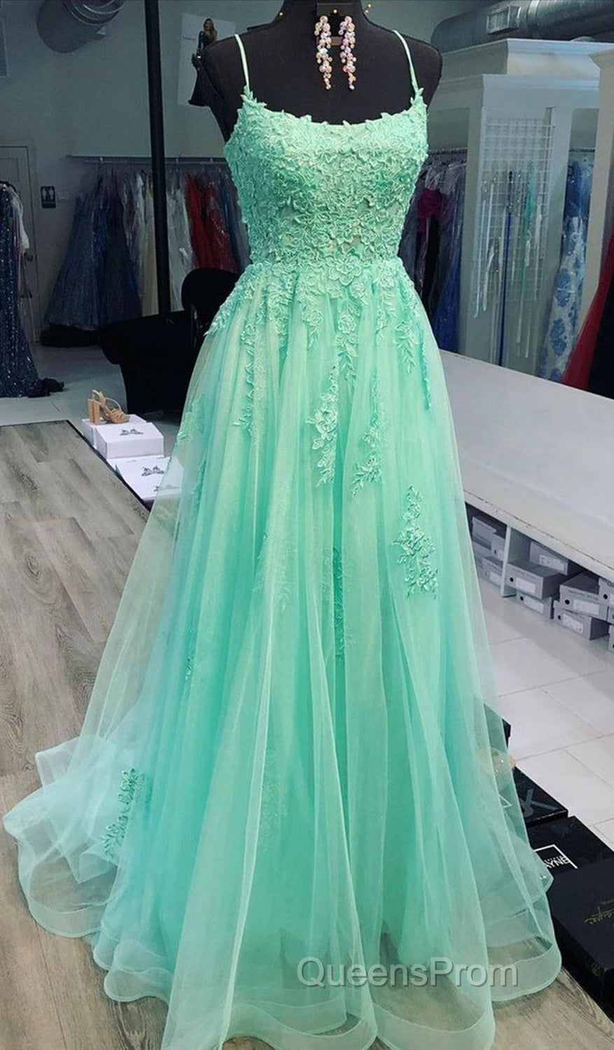 A Line Mint Green Lace Long Evening Prom Dress, Mint Green Lace Formal Graduation Evening Dress Secondary image