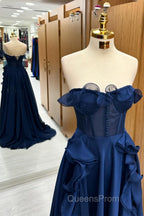 A Line Navy Blue Corset Ruffle Maxi Evening Prom Dress