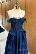 A Line Navy Blue Corset Ruffle Maxi Evening Prom Dress