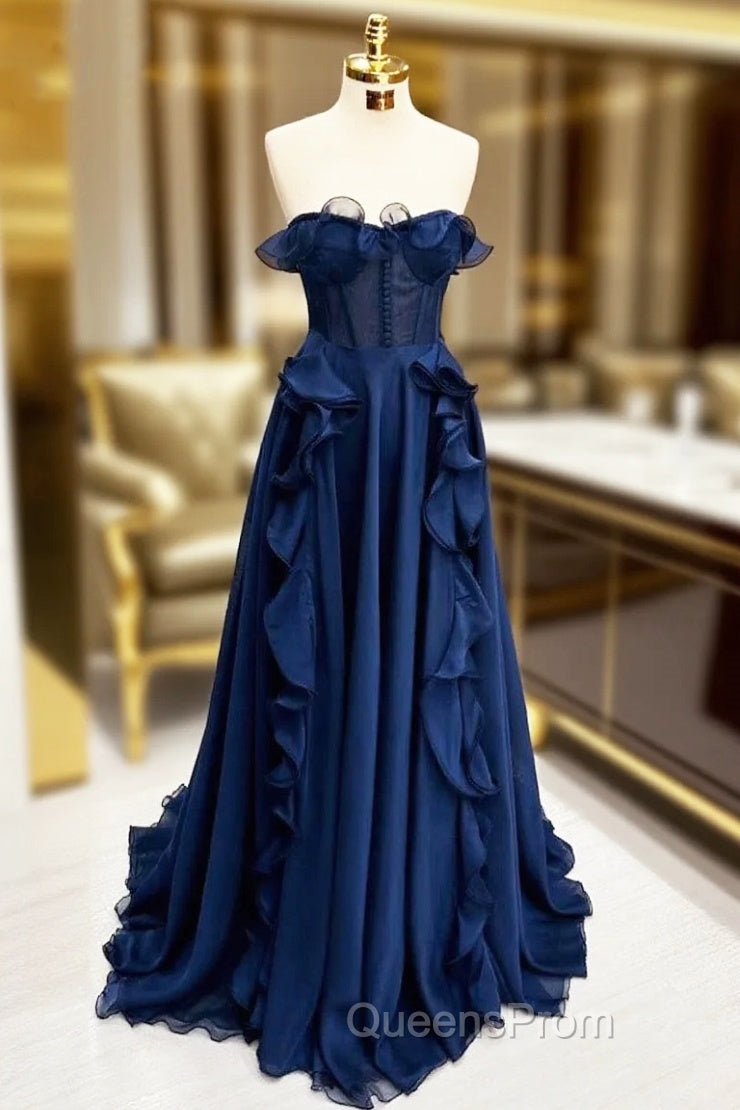 A Line Navy Blue Corset Ruffle Maxi Evening Prom Dress