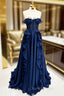A Line Navy Blue Corset Ruffle Maxi Evening Prom Dress