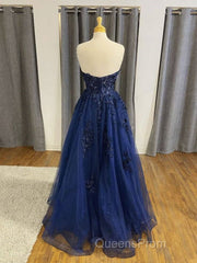 A Line Navy Blue Lace Long Evening Prom Dress Strapless Graduation Evening Dress