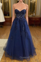 A Line Navy Blue Lace Long Evening Prom Dress Strapless Graduation Evening Dress