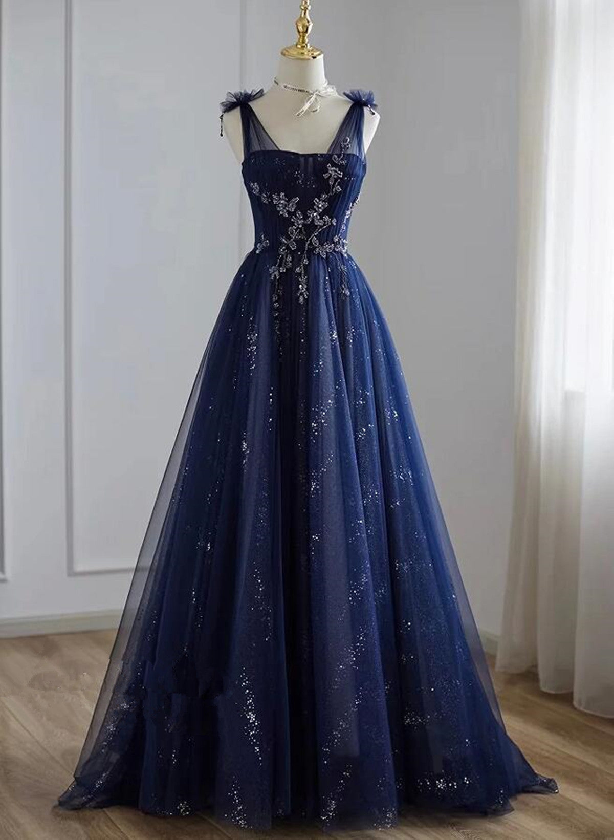 A-Line Navy Blue Tulle Beaded V-Neckline Party Dress, Navy Blue Shiny Tulle Classy Prom Dress Main image