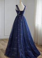 A-Line Navy Blue Tulle Beaded V-Neckline Party Dress, Navy Blue Shiny Tulle Classy Prom Dress