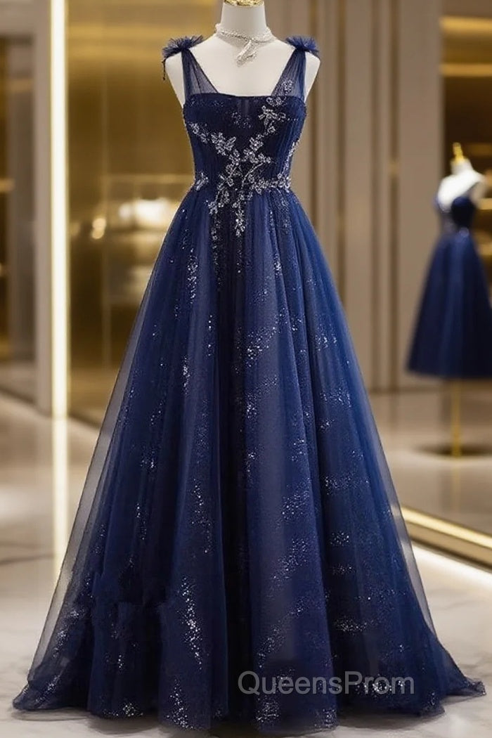 A-Line Navy Blue Tulle Beaded V-Neckline Party Dress, Navy Blue Shiny Tulle Evening Prom Dress Main image