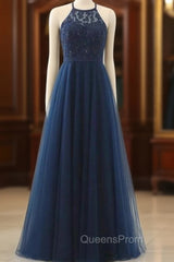 A-line Navy Blue Tulle Halter Crossed Back Long Evening Prom Dress