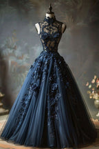 A Line Navy Blue Tulle High Neck Long Classy Prom Dress Charming Classy Evening Dress