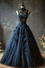 A Line Navy Blue Tulle High Neck Long Classy Prom Dress Charming Classy Evening Dress