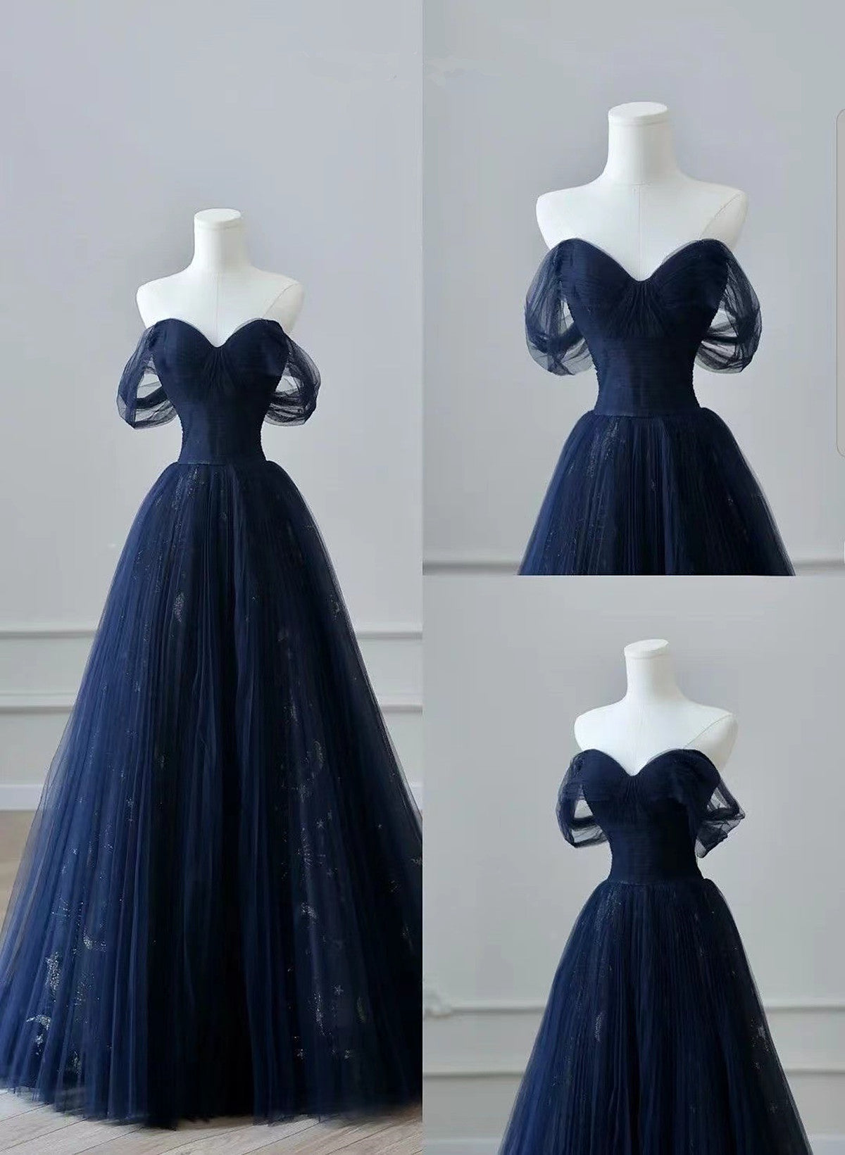 A-Line Navy Blue Tulle Long Party Dress, Navy Blue Tulle Long Classy Prom Dress