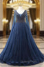A-line Navy Blue V-neck Beading Evening Prom Dress