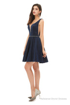 A-Line Navy Blue V-neck Mini Short Beading Homecoming Dresses k08