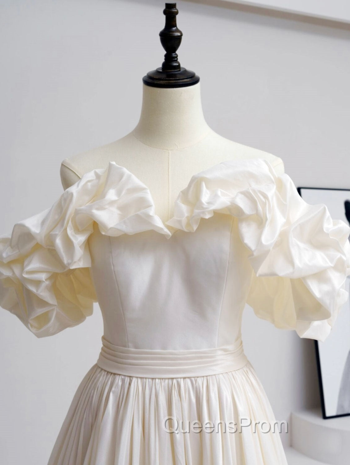 A-Line Off Shoulder Beige Taffeta Long Evening Prom Dress, Beige Evening Dress Secondary image