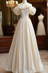 A-Line Off Shoulder Beige Taffeta Long Evening Prom Dress, Beige Evening Dress