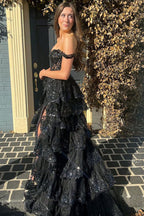 A Line Off Shoulder Black Lace Long Classy Prom Dress With High Slit