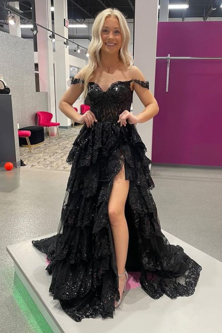 A Line Off Shoulder Black Lace Long Classy Prom Dress With High Slit