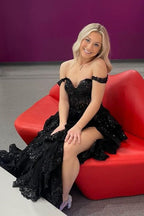 A Line Off Shoulder Black Lace Long Classy Prom Dress With High Slit