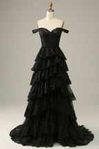 A Line Off Shoulder Black Lace Long Classy Prom Dress With High Slit