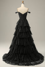 A Line Off Shoulder Black Lace Long Classy Prom Dress With High Slit
