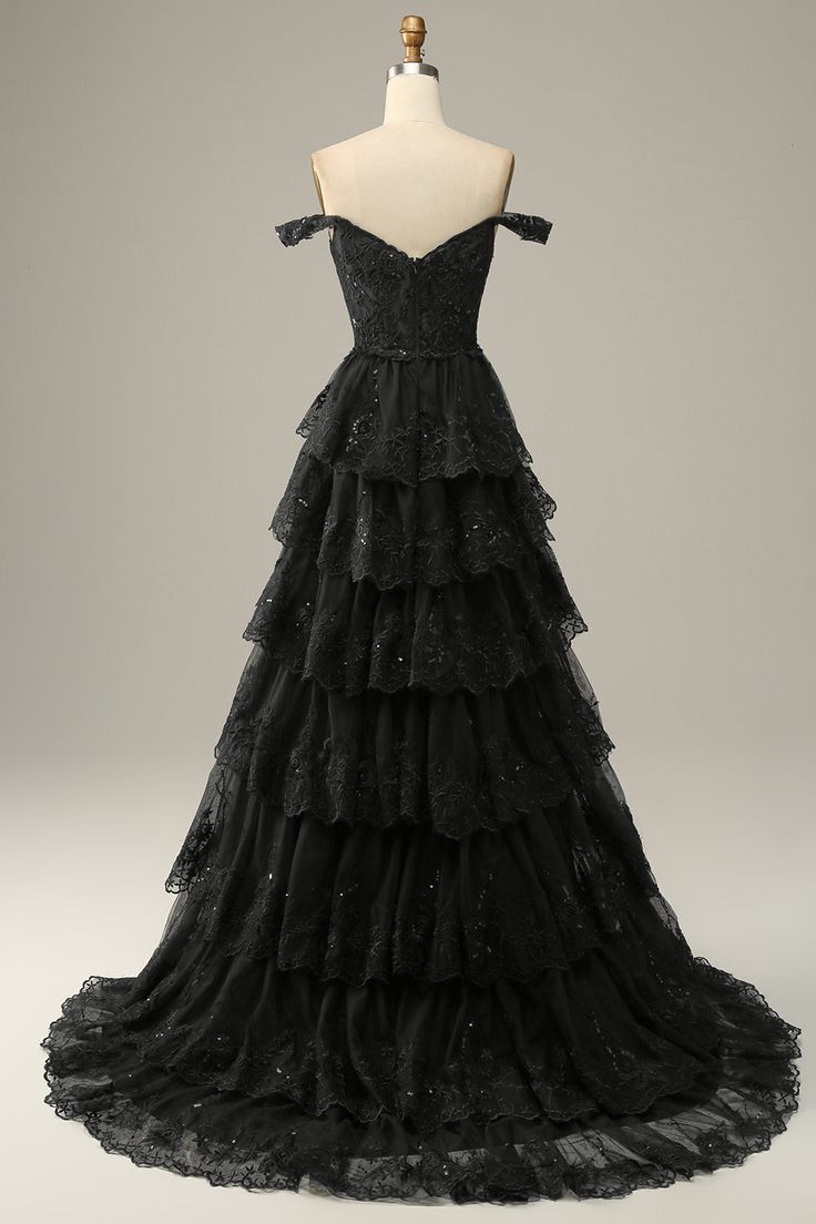 A Line Off Shoulder Black Lace Long Classy Prom Dress With High Slit