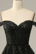 A Line Off Shoulder Black Lace Long Classy Prom Dress With High Slit