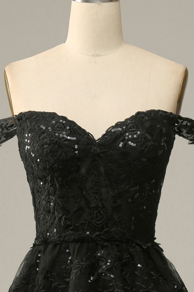A Line Off Shoulder Black Lace Long Classy Prom Dress With High Slit