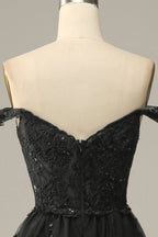 A Line Off Shoulder Black Lace Long Classy Prom Dress With High Slit