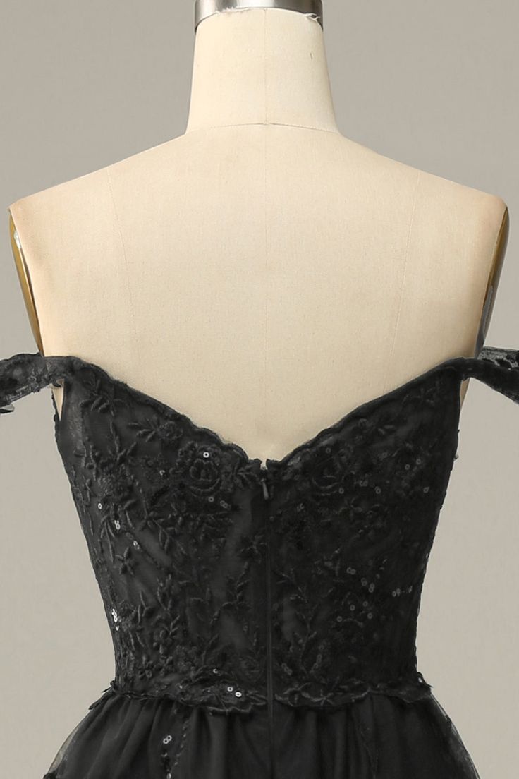A Line Off Shoulder Black Lace Long Classy Prom Dress With High Slit