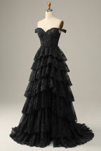 A Line Off Shoulder Black Lace Long Classy Prom Dress With High Slit