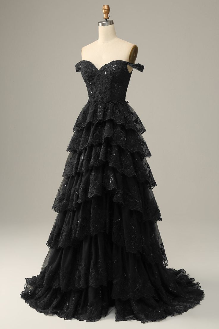 A Line Off Shoulder Black Lace Long Classy Prom Dress With High Slit