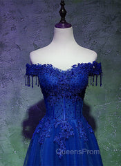 A-line Off Shoulder Blue Beaded and Lace Long Party Dress, Blue Evening Dress